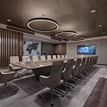 Modern Conference Room With World Map Wooden Wall Gray Carpet Seats And TV Screen
