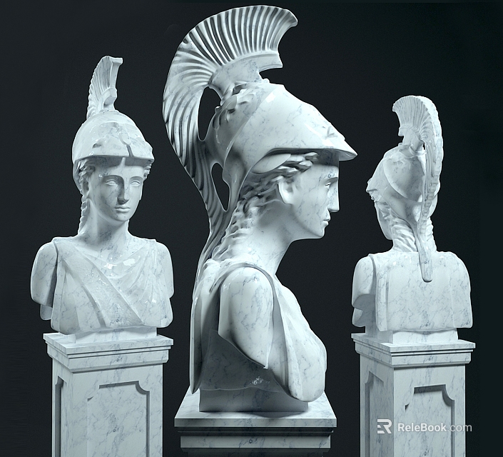 Three Classical Female Marble Busts with Intricate Feathered Helmets and Braided Hair on Square Pedestals 3d model 