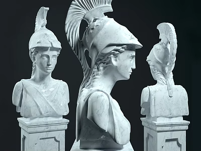 Three Classical Female Marble Busts with Intricate Feathered Helmets and Braided Hair on Square Pedestals 3d model