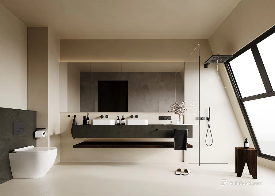 Modern Bathroom Interior With Double Vanity Large Mirror Shower And Slanted Window 3d model 