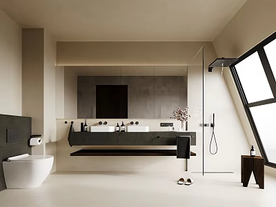 Modern Bathroom Interior With Double Vanity Large Mirror Shower And Slanted Window 3d model