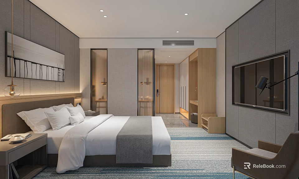 Modern Hotel Guest Room Interior Featuring King Bed Nightstand TV And Carpet 3d model 