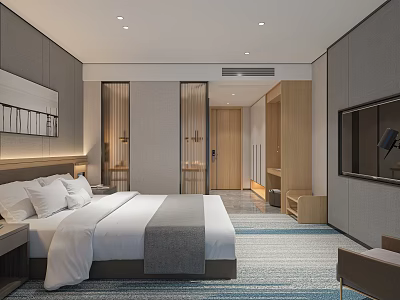 Modern Hotel Guest Room Interior Featuring King Bed Nightstand TV And Carpet 3d model