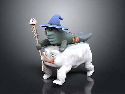 Game Movie Character With Green Body Blue Wizard Hat Riding White Animal Holding Skull Staff 3d model