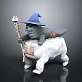 Game Movie Character With Green Body Blue Wizard Hat Riding White Animal Holding Skull Staff