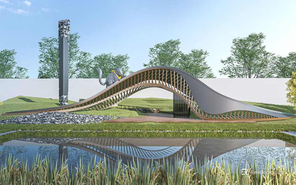 Modern Curved Bridge Design With Wooden Structure Water Reflection And Green Landscape 3d model 