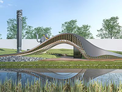 Modern Curved Bridge Design With Wooden Structure Water Reflection And Green Landscape 3d model