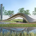 Modern Curved Bridge Design With Wooden Structure Water Reflection And Green Landscape