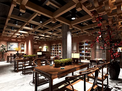 Traditional Tea House Interior Design With Wooden Tables Bookshelves And Green Plants 3d model