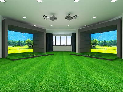 Indoor Golf Fitness Simulation Practice Area with Green Turf and Large Screens 3d model