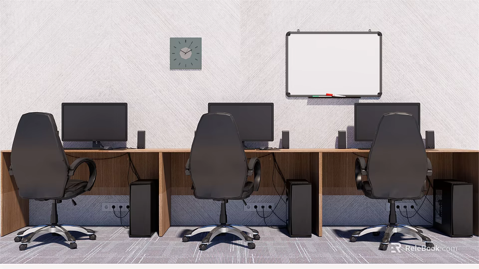 Office Desk Workstation With Multiple Monitors Ergonomic Black Chairs Wall Clock And Whiteboard 3d model