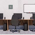 Office Desk Workstation With Multiple Monitors Ergonomic Black Chairs Wall Clock And Whiteboard 3d model
