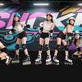 Women In Roller Skates With Helmets And Knee Pads On Colorful Graffiti Background