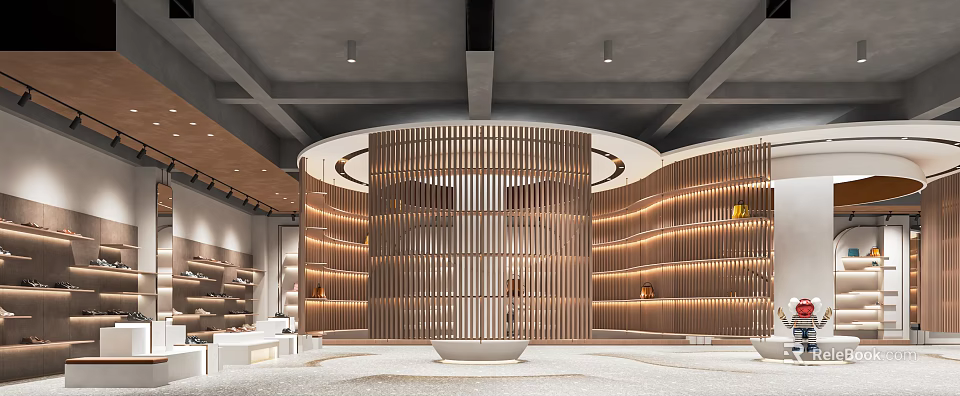 Modern Indoor Space Featuring Circular Wooden Slat Design Curved Shelves And Ambient Lighting 3d model 