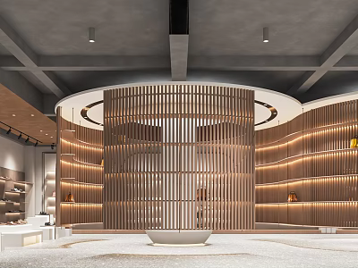 Modern Indoor Space Featuring Circular Wooden Slat Design Curved Shelves And Ambient Lighting 3d model