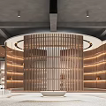 Modern Indoor Space Featuring Circular Wooden Slat Design Curved Shelves And Ambient Lighting