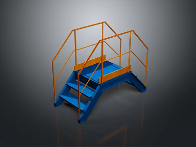 Blue and Orange Metal Industrial Platform with Stairs and Guardrails 3d model