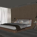Modern Bedroom Interior With King Size Bed Wooden Panel Wall And Floor to Ceiling Window