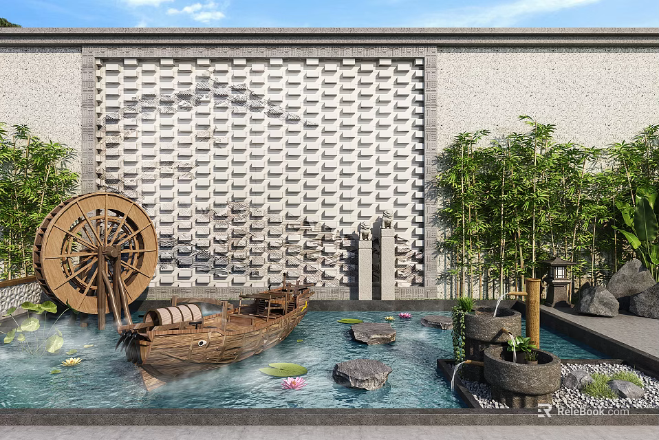 Traditional Garden Ornaments with Waterwheel Wooden Boat Lotus Pond Bamboo and Patterned Wall 3d model 
