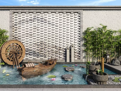 Traditional Garden Ornaments with Waterwheel Wooden Boat Lotus Pond Bamboo and Patterned Wall 3d model