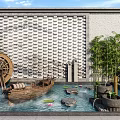 Traditional Garden Ornaments with Waterwheel Wooden Boat Lotus Pond Bamboo and Patterned Wall