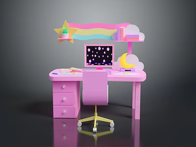 Kids Pink Desk with Rainbow Star Cloud Decor Drawers Computer and Chair 3d model