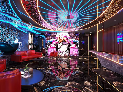 Modern KTV Interior Design With Colorful Lighting Red Sofas And Bar Counter 3d model