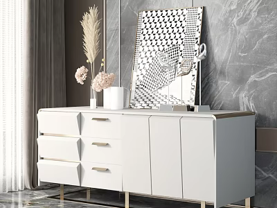 Modern White Console Cabinet with Golden Legs Drawers Doors and Geometric Mirror Against Marble Wall 3d model