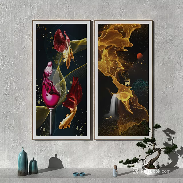 Abstract Wall Art With Red Gold Flowing Patterns Starry Sky Moon And Waterfall 3d model