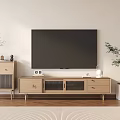 Modern Wooden TV Stand Design With Storage Drawers Glass Doors And Decorative Plants
