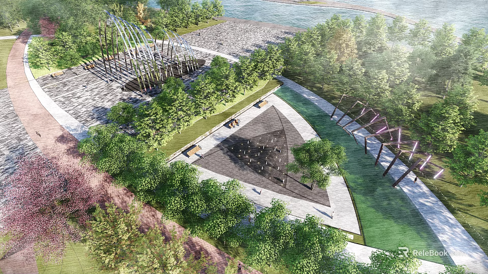 Waterfront Landscape With River Trees Sculptural Structures Green Pathway And Open Space 3d model 