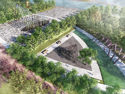 Waterfront Landscape With River Trees Sculptural Structures Green Pathway And Open Space 3d model