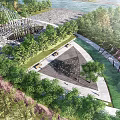Waterfront Landscape With River Trees Sculptural Structures Green Pathway And Open Space