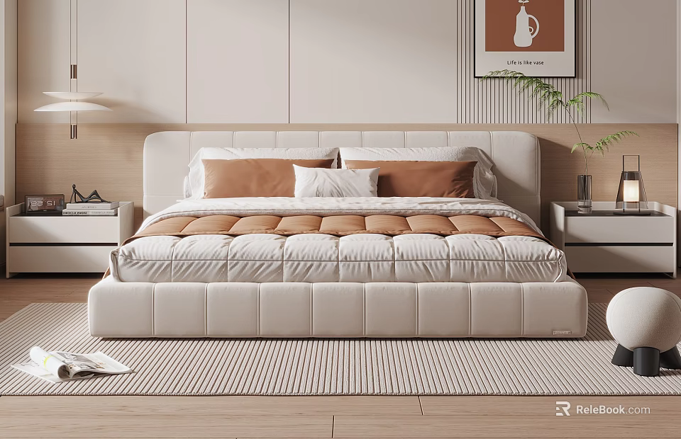 Beige Upholstered Double Bed With Brown White Pillows Quilt Wooden Floor Striped Rug 3d model 