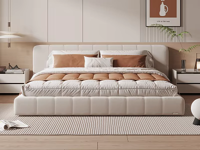 Beige Upholstered Double Bed With Brown White Pillows Quilt Wooden Floor Striped Rug 3d model