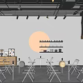 Stylish Café Interior Design With Gray Wall Circular Decoration Metal Tables And Chairs And Shelves