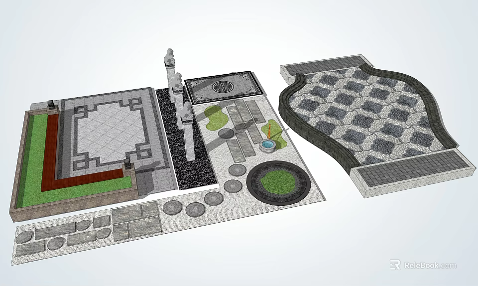 Traditional Garden Ornaments With Paved Areas Circular Lawn And Stone Statue Design 3d model 