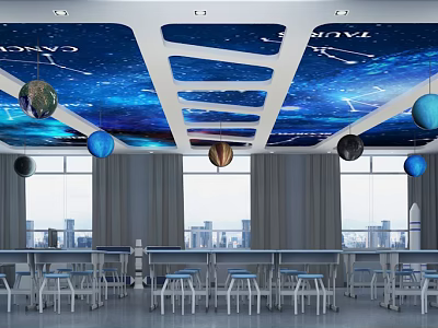 School Classroom With Starry Sky Ceiling Planet Decorations Desks Chairs And City View Outside Windows 3d model