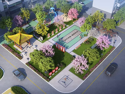 Community Public Garden Landscape With Traditional Chinese Pavilion Children Playground And Lush Flowering Ornamental Plants 3d model