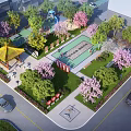 Community Public Garden Landscape With Traditional Chinese Pavilion Children Playground And Lush Flowering Ornamental Plants