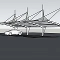 White Tensile Membrane Carport Structure With Red Car And White Pillars Under Blue Sky