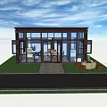 Sunroom With Brown Frame Large Glass Panels Front Lawn Stone Pathway And Outdoor Stools