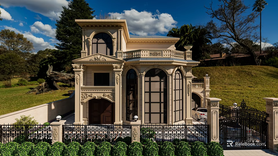 Classical Detached Villa Exterior With Ornate Balcony Large Arched Windows Iron Fence And Lush Greenery 3d model 