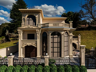 Classical Detached Villa Exterior With Ornate Balcony Large Arched Windows Iron Fence And Lush Greenery 3d model