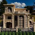 Classical Detached Villa Exterior With Ornate Balcony Large Arched Windows Iron Fence And Lush Greenery