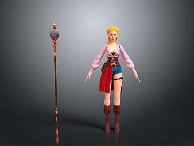 Blonde Woman In Pink Top Red Cloak Blue Shorts Brown Boots With Magic Staff 3d model