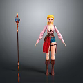 Blonde Woman In Pink Top Red Cloak Blue Shorts Brown Boots With Magic Staff