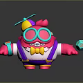 Colorful Pink Creature Cartoon Character Wearing Large Glasses Propeller Hat And Holding Blue Dice