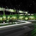 Modern Indoor Exhibition Space With Green Laser Beams White Platform Green Plants And Deer Models