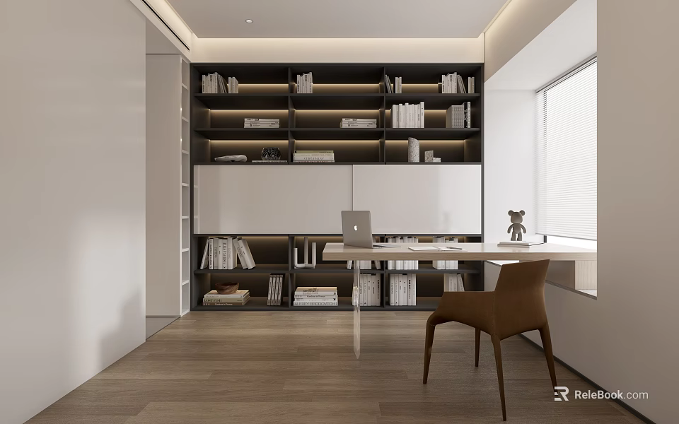 Modern Study Room Interior With Built in Bookshelves Desk And Chair 3d model 